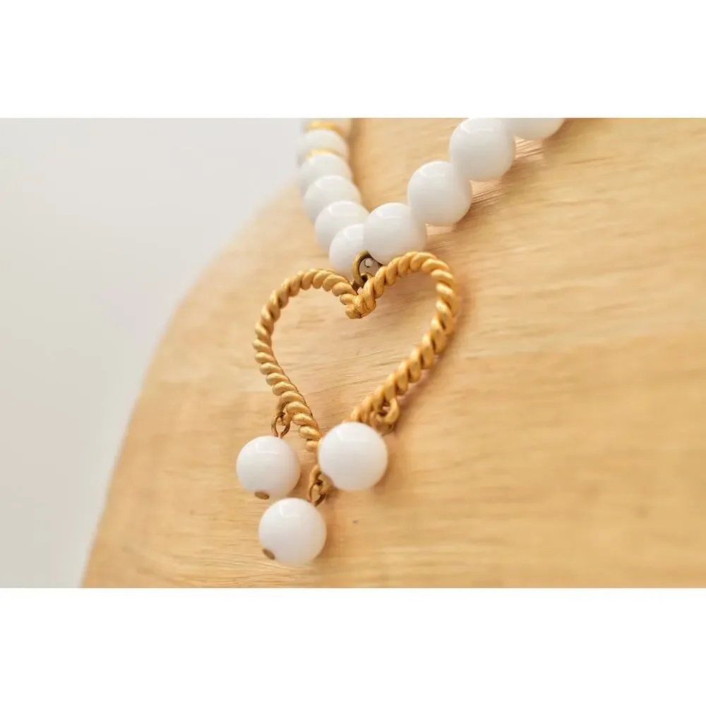Deja Heart Collar Necklace Chunky White Beaded Brushed Gold Bold Signed BinA17